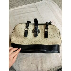 Ostrich Embossed Satchel Handbag Women Medium Tan Black Good Two Tone Crossbody
